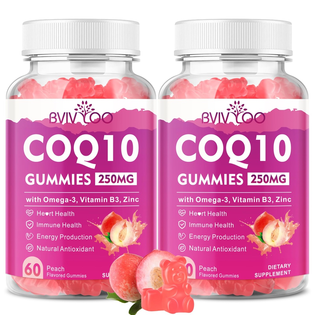 2 Pack CoQ10 Gummies 250mg, Plus Omega-3, Witamina B3 i Cynk, Magnez - Wysoka absorpcja Koenzym Q10 Suplementy dla Zdrowia Serca, Energia komórkowa, & Wsparcie przeciwutleniacze, 120 Liczba