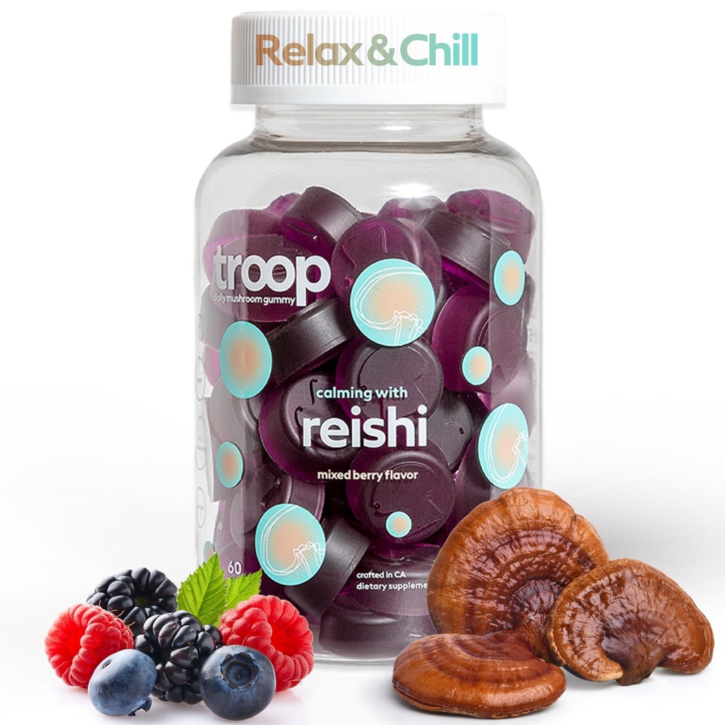 Troop Reishi Gummies Mushroom - Uspokojenie Gummies dla dorosłych i dzieci - Suplement do Sprężyny, Relaks, Wsparcie immunologiczne - 4000mg Triple- Wyczerpany Fruiting Body - Mieszane Berry, 60 Hrabia