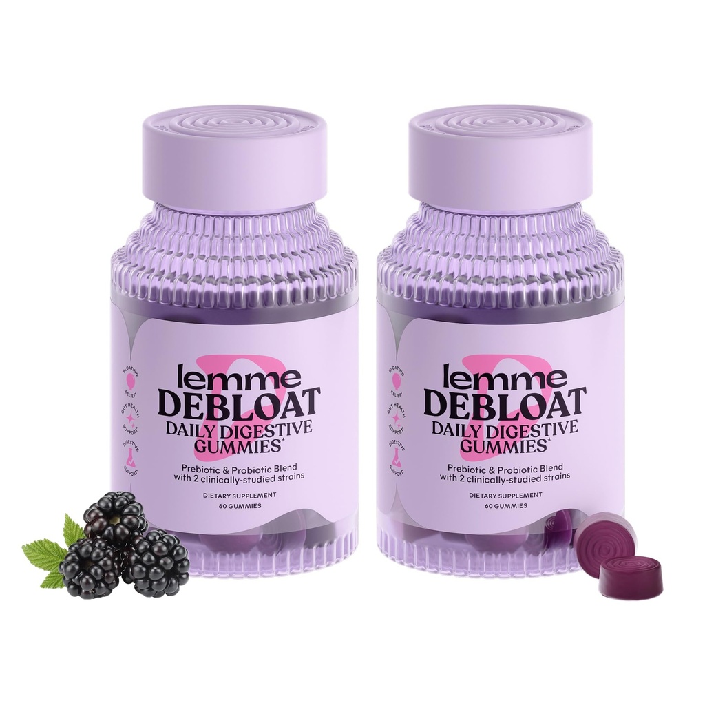 Lemme Debloat - Gummies Digestive & Gut Health z 2 Klinicznie zbadane Probiotyki i Prebiotyki, Wegetarianin, Gluten Free, Nie GMO, BlackBerry Flavor (60 Count) (Opakowanie 2)
