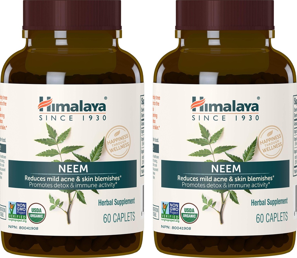 Himalaya Organic Neem Herbal Supplement, dla łagodnego trądzik i klarownej skóry, Oczyszczanie, Ayurvedic, USDA Certified Organic, Non-GMO, Wegan, 600 mg, 60 Caplets na bazie roślin, 2 Pack