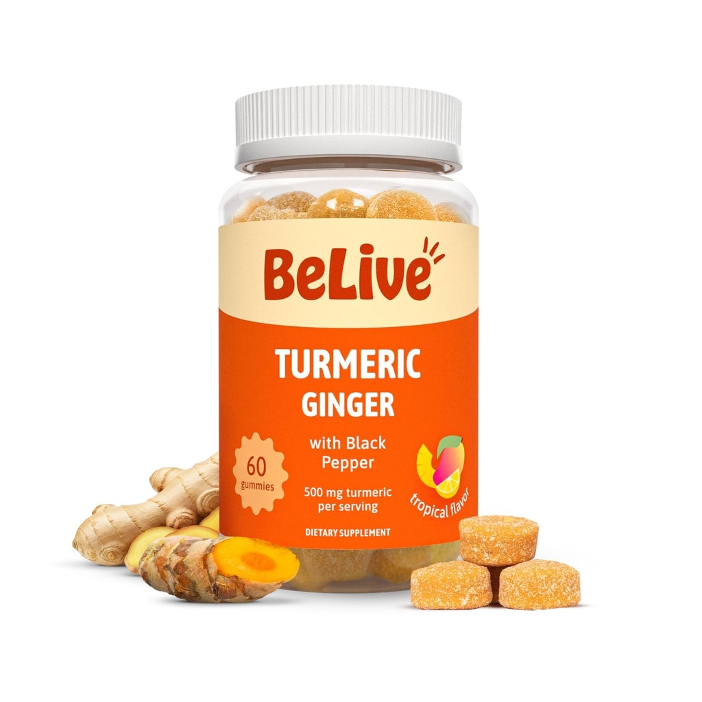 BeLive kurkumina turmerowa z Black Pepper & Ginger - 500 mg Turmeric and Ginger Supplement for Immune Support, Healthy Skin, and Mobility - Tropical Flavor