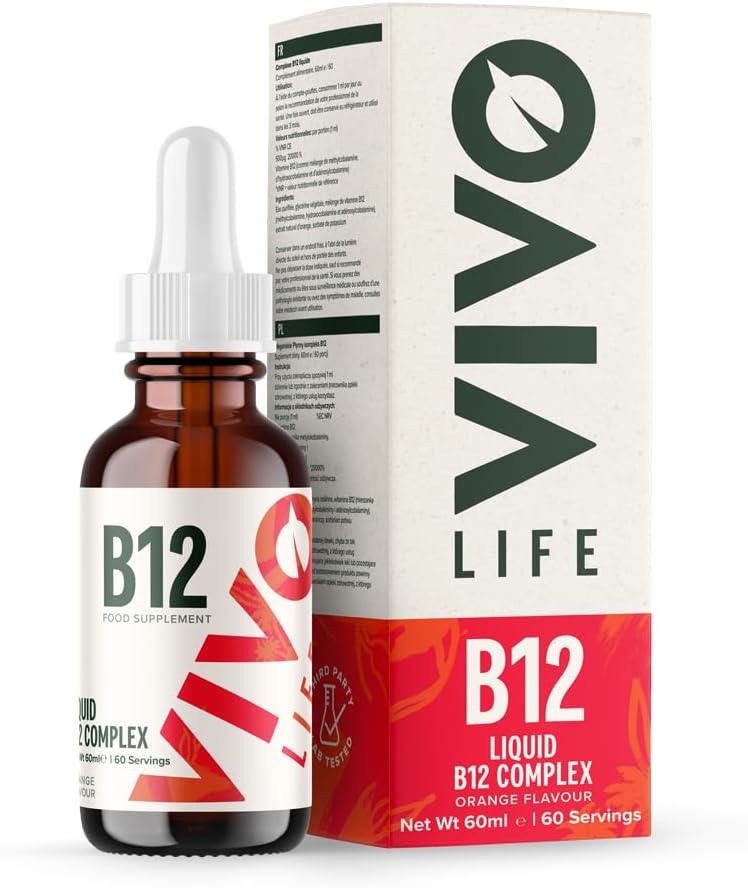 Vivo Life - kompleks witaminy B12, suplement zdrowia o dużej mocy, płynne krople aromatu pomarańczowego, 60ml, 60 Służb