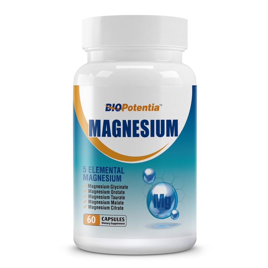 Magnezu Complex Supplement - Magnezu kapsułki 500Mg z Glycinate, Cytrate, Malate, Taurate & Orotin + B6 Supplement 124; Non- GMO, Gluten Free for Sleep, Muscle & Stress Relief As 124; 60 Vegan Caps.