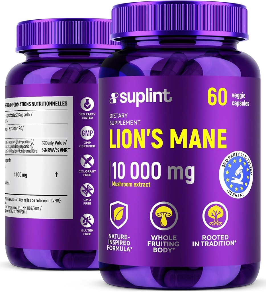 Lion 's Mane Mushroom Supplement 10,000 mg Agregat 124; Dietetyczne suplementy do pamięci, Focus & Clarity Agregat 124; Daily Immune System Support Complex for Women & Men Agregates 124; Non-GMO, Gluten- Free, Vegan Agregat 124; 60 Kapsułki
