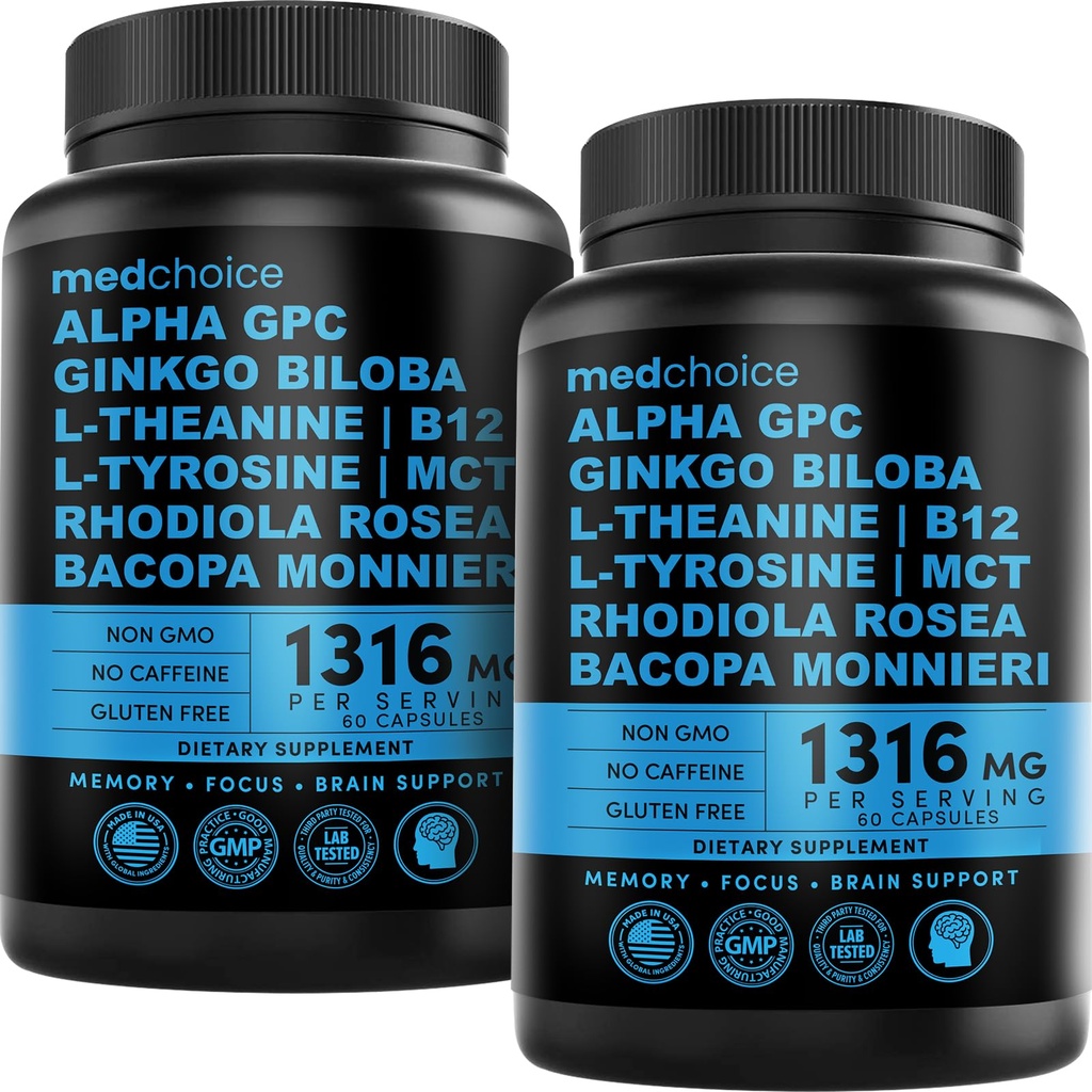 12- in-1 Nootropowy suplement mózgu bezwodny: Ginkgo Biloba do wspomagania mózgu, pamięci i ostrości - B12, Alpha GPC, L Theanine i suplementy choliny z bioperiną bez kofeiny 1321mg (120ct)