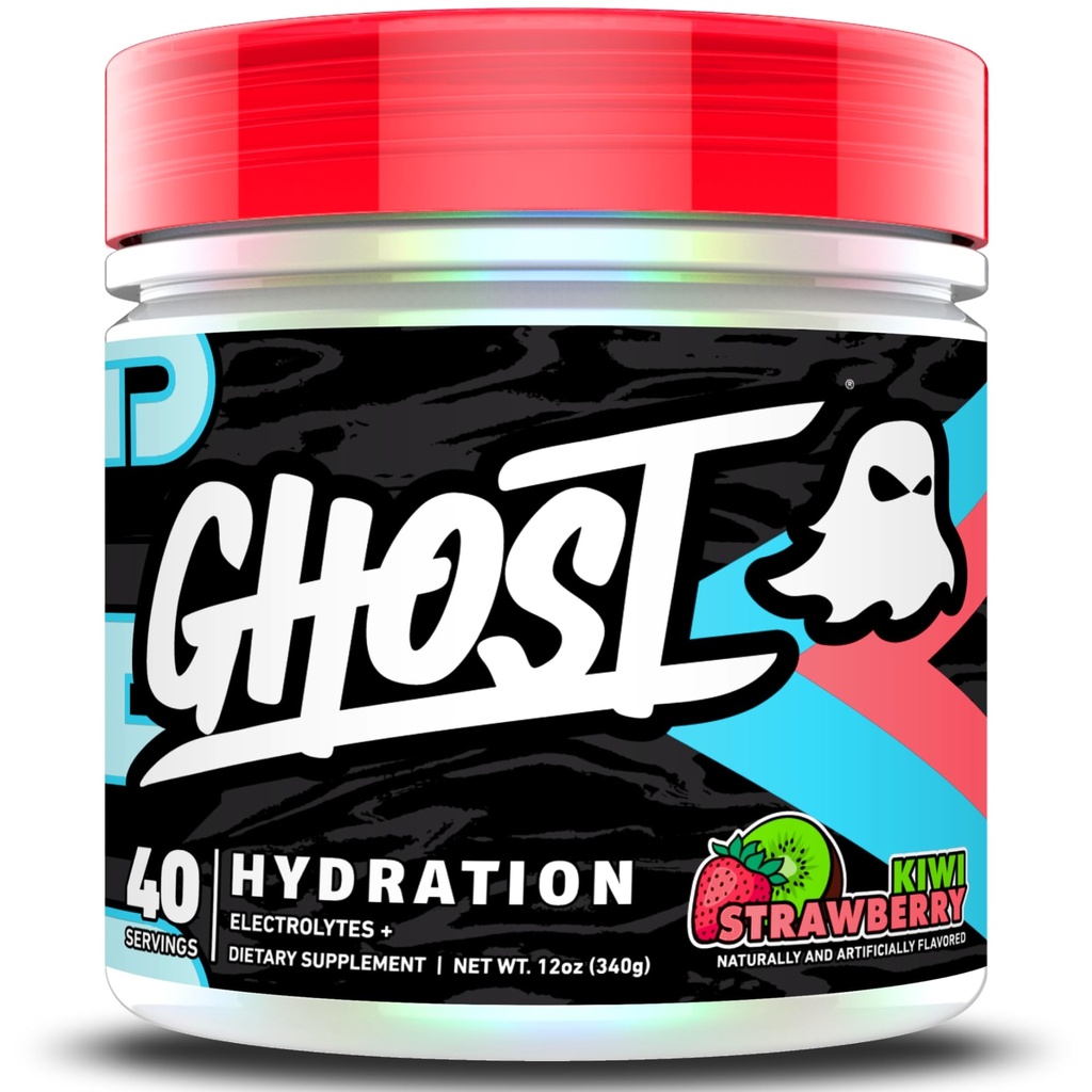 GHOST Hydration, Kiwi Strawberry, 40 Serv, Proszek elektrolitowy - Suplement mieszanki napojów z magnezu, potasu, wapnia, witaminy C i tauryny dla energii i wytrzymałości - Wegan, wolny od soi, cukru i gluten