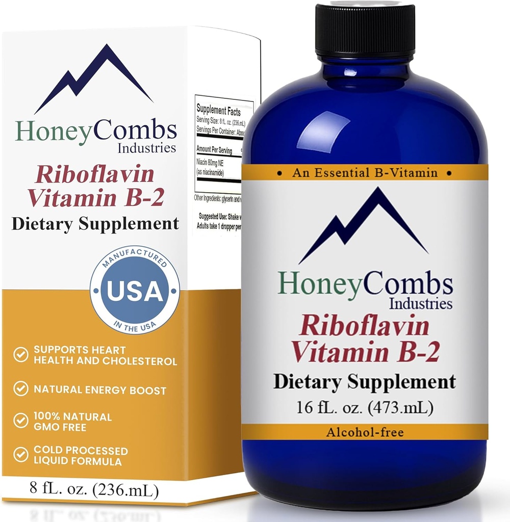 HoneyCombs Witamina B2 Riboflavin suplement płynne krople - Witamina B2 o dużej mocy dla mężczyzn i kobiet - Utrzymanie zdrowej trawienia, układu nerwowego, włosów, skóry, paznokci - Wegańskie płynne witaminy (16 Fl oz)