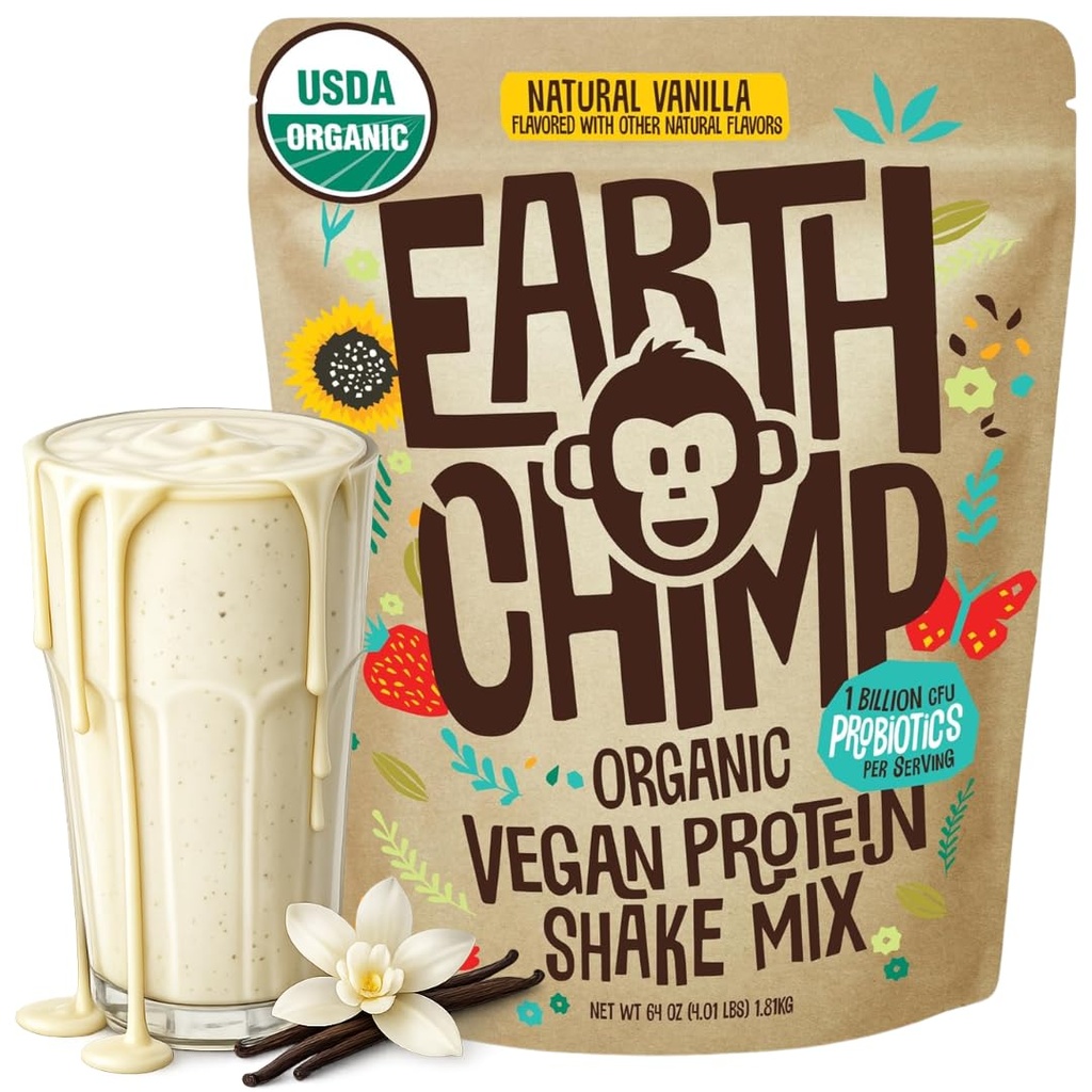 EarthChimp Organic Vegan Protein Powder - z probiotykami - Non GMO, Dairy Free, Non Whey, Plant Based Protein Powder for Women and Men, Gluten Free - 52 Servings 64 Oz (Vanilla)