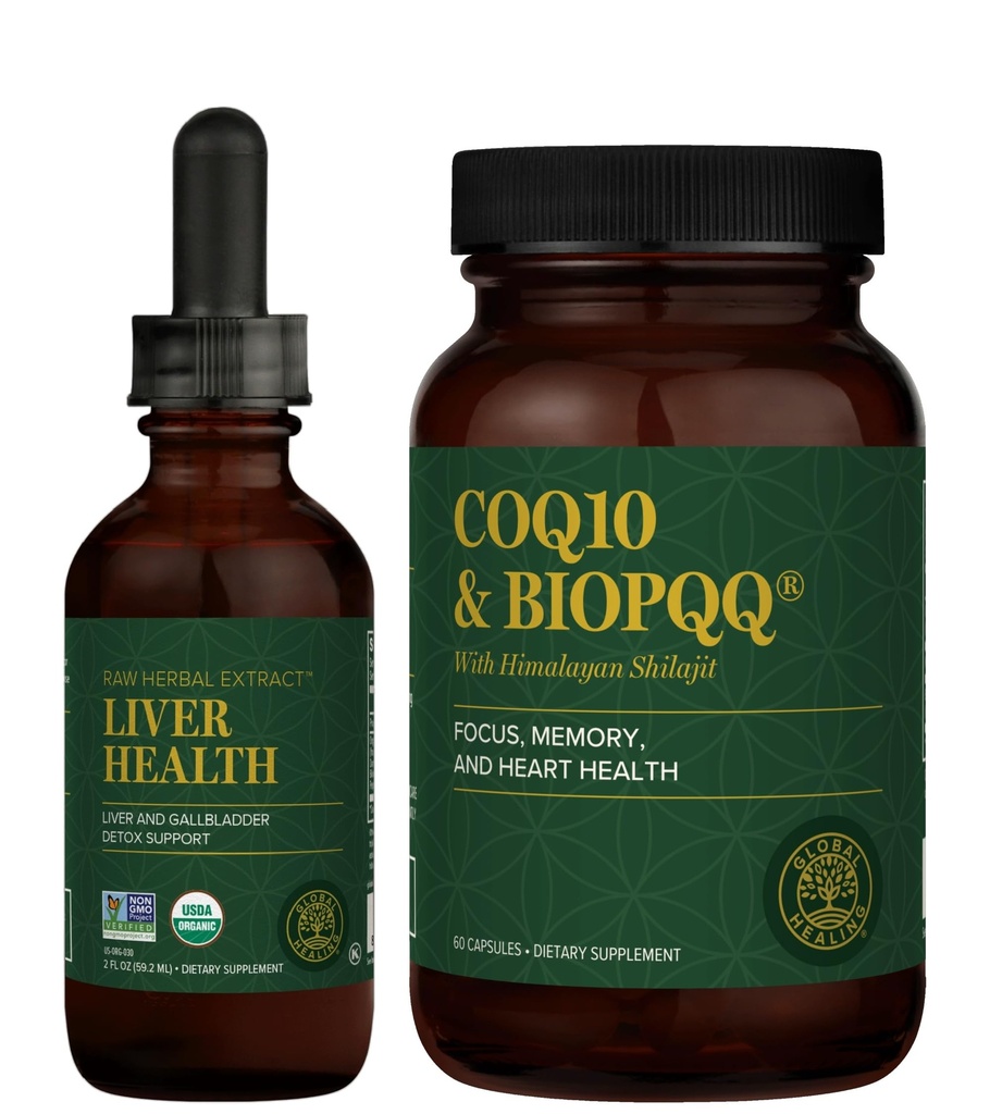 Global Healing Center - Liver Health & CoQ10 & BioPQQ z zestawem Shilajit - płynne krople do zdrowego przepływu krwi, cyrkulacji wein i zaawansowanego serca, wsparcie mózgu dla koncentracji i koncentracji