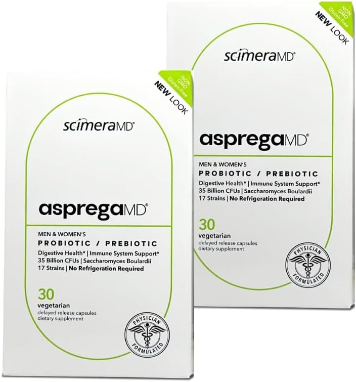 Asprega 30CT - Probiotic + Prebiotic Supplement DEVE 124; 17 Strains, 35 Billion CFU EVE 124; Delayed Release EVE 124; Saccharomyces Boularii EVE 124; for Men & Women EVE 124; by ScimeraMD, 2- Pack