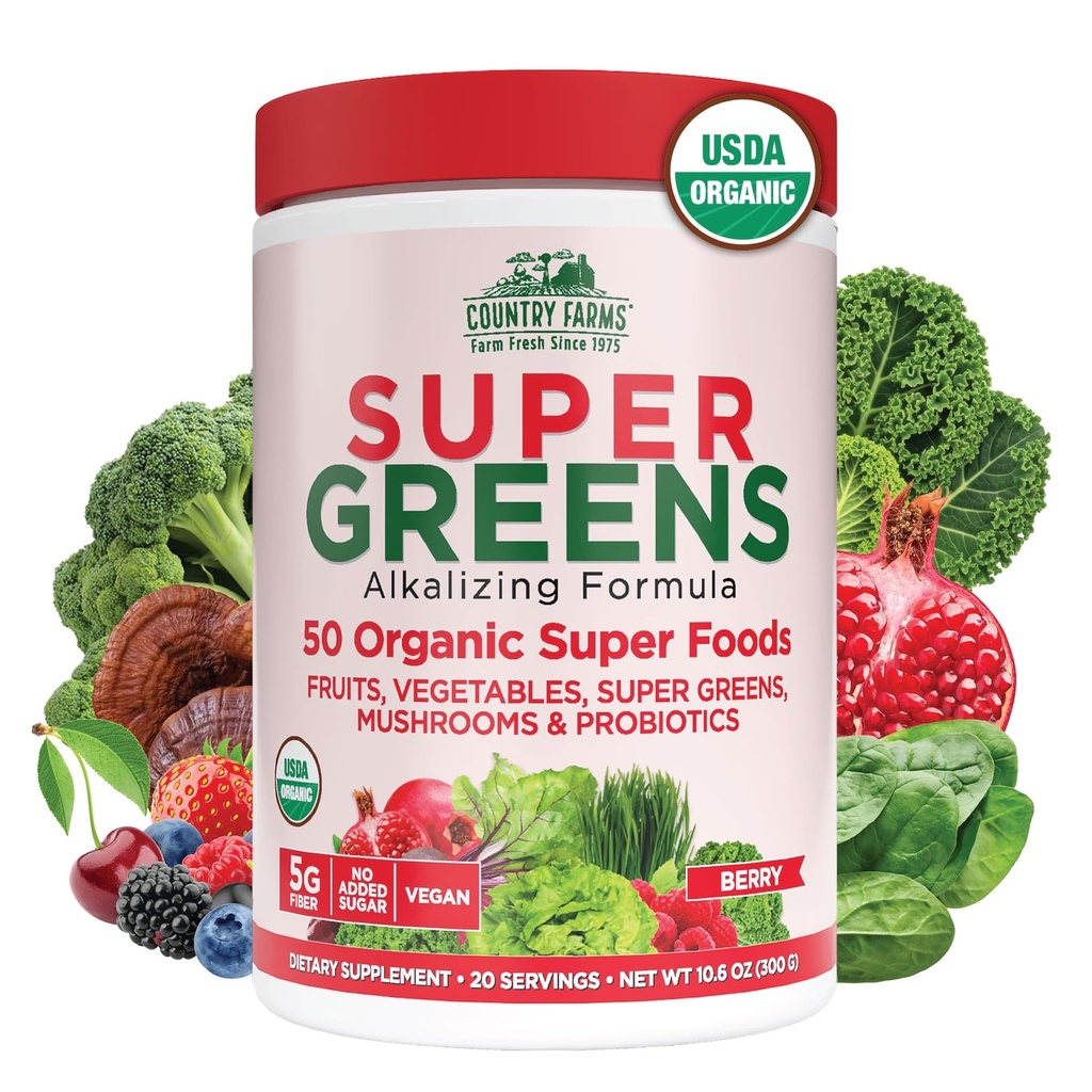 Kraj Farmy Organiczne Super Zielone Berry Flavor, 50 Organic Super Foods, Pakowane z włóknem, USDA Organic Drink Mix, Owoce, Warzywa, Grzyby i Probiotyki, Wsparcie energii, 5g Fiber