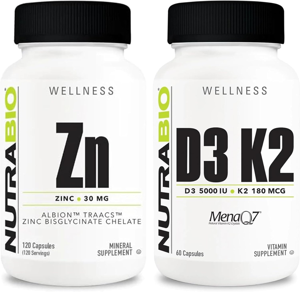 NutraBio Cynk Chelate i witamina D3 K2 Suplement Mineral Bundle - Może pomóc we właściwym wzroście, rozwoju, układu immunologicznego i zdrowia kości i serca