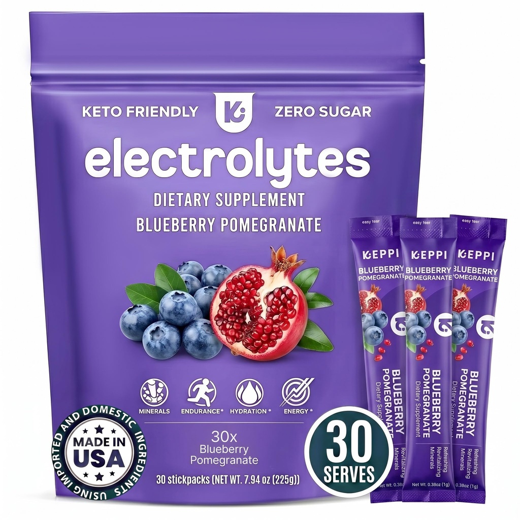 Keppi Elektrolity w proszku Pakiety - Pomarańcza borówkowa 30 Słupki - Nie Sugar Hydration Supplement z potasu, Magnezu, Sodu - Keto, Wegan, Przyjazny do montażu, Zero Calorie Hydration Pakiety