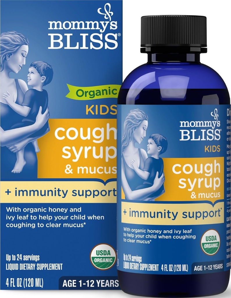 Mamuśka Bless Organic Kids Cough Syrop i Mucus Relief + Immunity Support, Agave & Honey, Ivy Leaf, Elderberry, Cynk, Witamina C, 4 Fl Oz