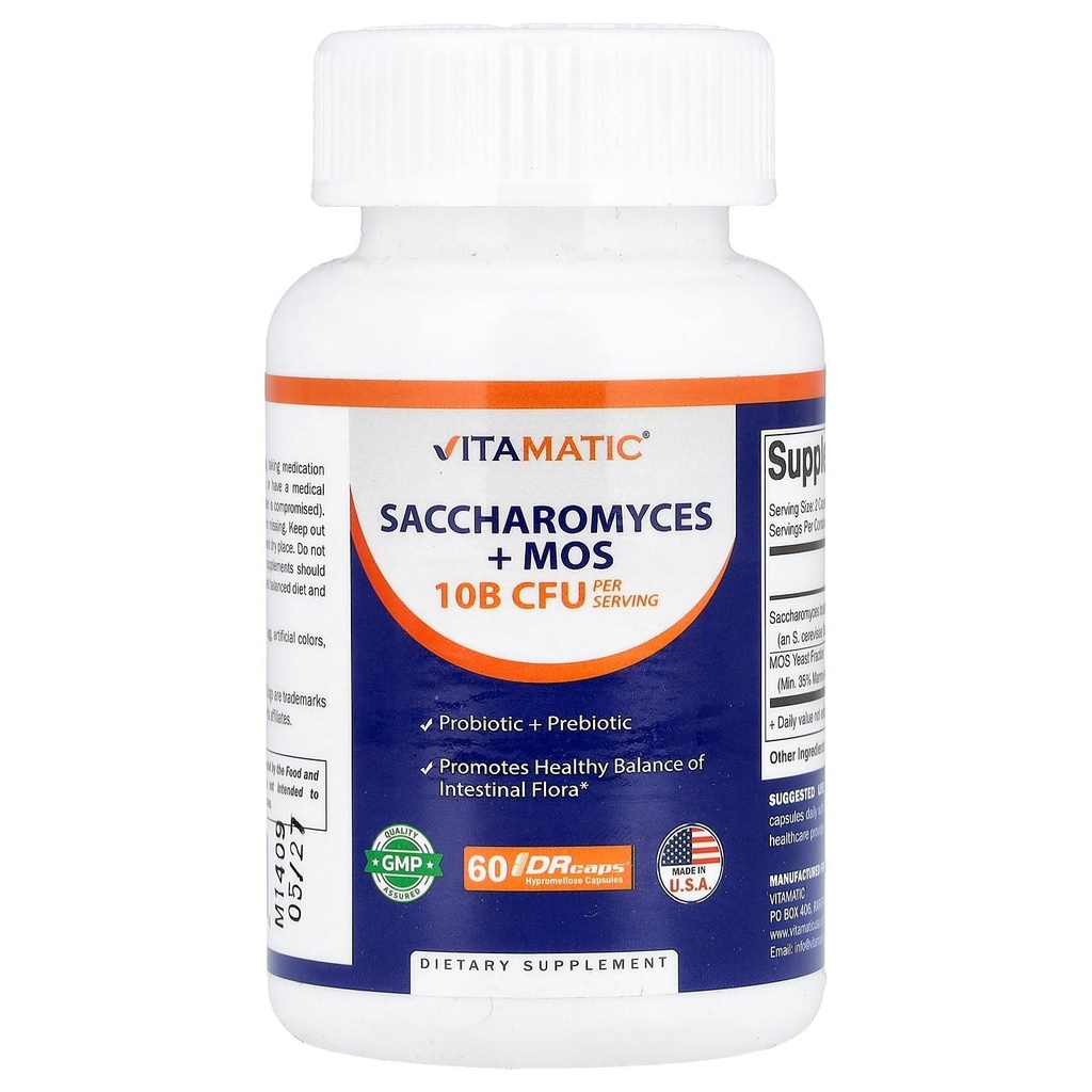 Vitamatic Saccharomyces Boulardii Probiotic 10B per Serving + Yeast Extract (MOS Yeast Fraction) 300 mg - 60 DR kapsułki - Made in The USA