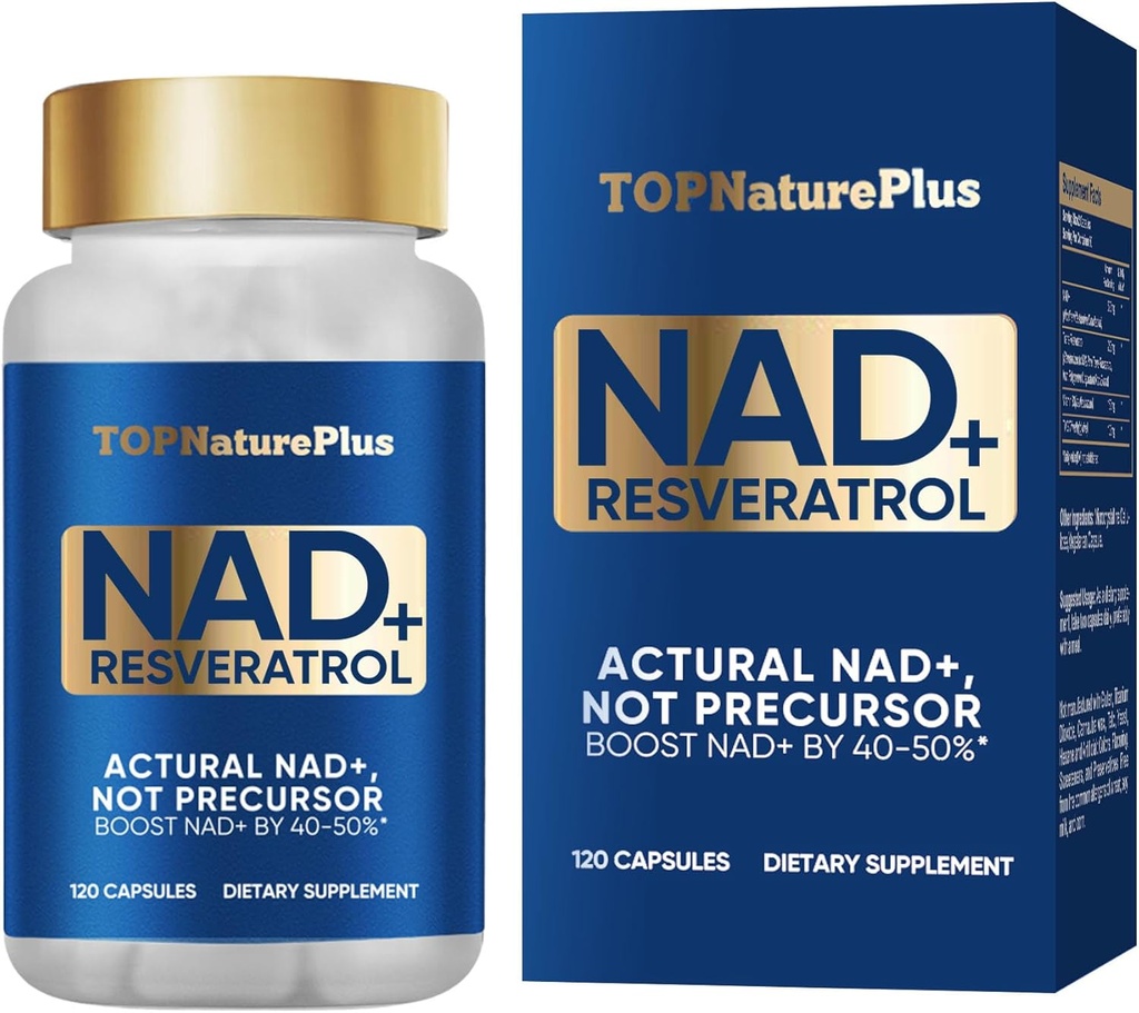 NAD + Suplement 1000 mg Czysta organiczna, Najwyższa NAD + Resweratrol Suplement Max Wchłanianie dla energii i naprawy DNA, Obrona starzenia, Wsparcie funkcji mózgu, 120 Kapsułki