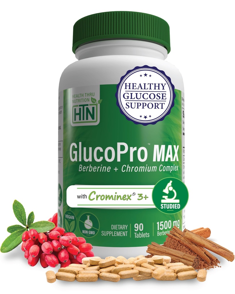 Zdrowie Thru Nutrition GlucoPro Max - z 1 500 mg Berberiny, Chrominex + Chrom, i 1 000 mg cynamonu 124; Wegan, Non-GMO, Gluten Free 124; Opakowanie 90