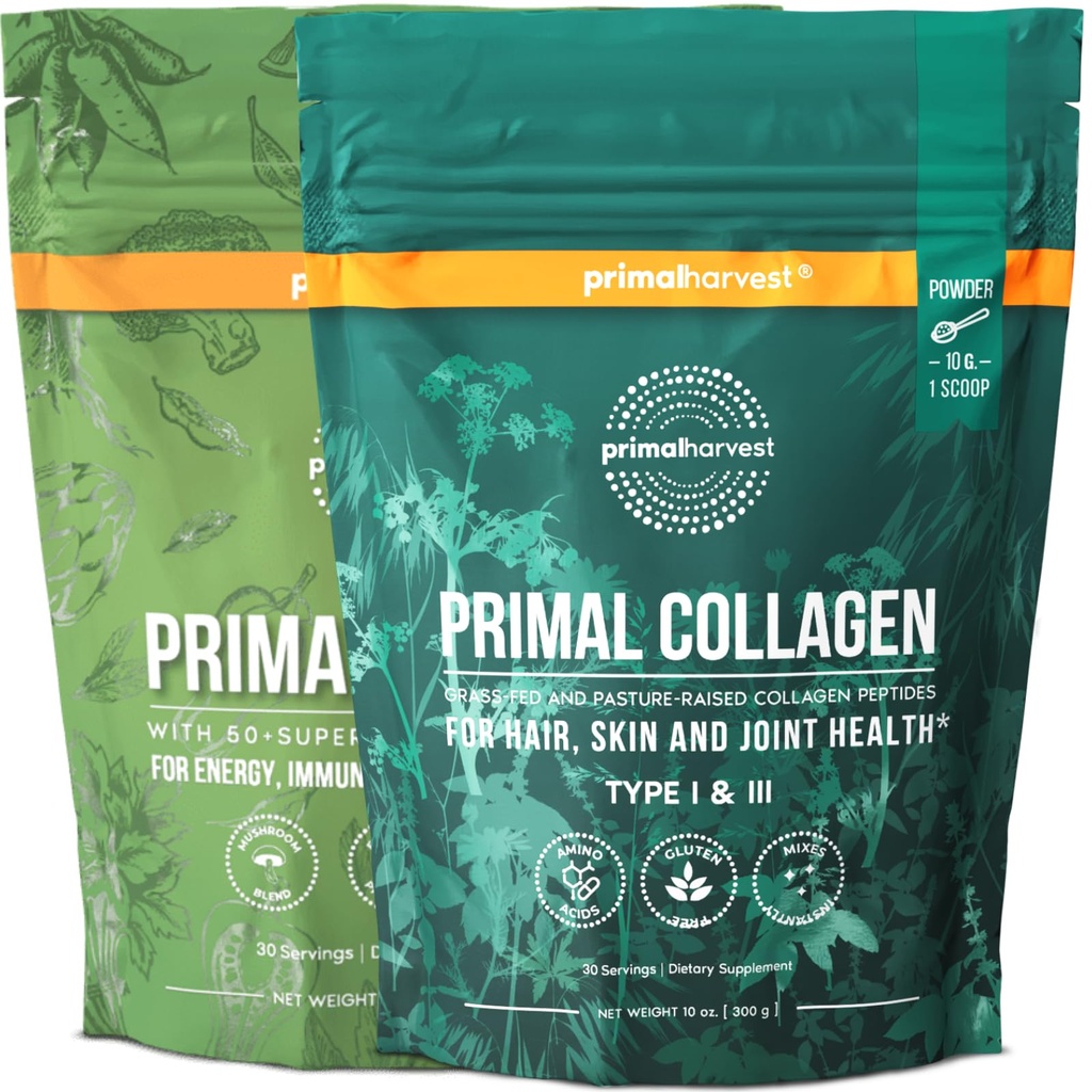 Pierwotne Żniwa Super Zielone & Kolagen Proszek Suplementy dla kobiet i mężczyzn Superfood Zielone Proszek i Kolagen Peptydy Proszek do włosów, skóry i pępka paznokci
