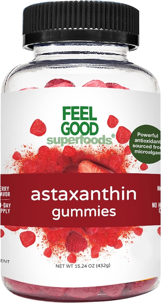 FeelGood Superfoods Astaksantyna Suplementy, 6 mg Gummeje przeciwutleniające dla zdrowia skóry i oczu, Berry Flavor, Wegan, Non-GMO, 60 Count