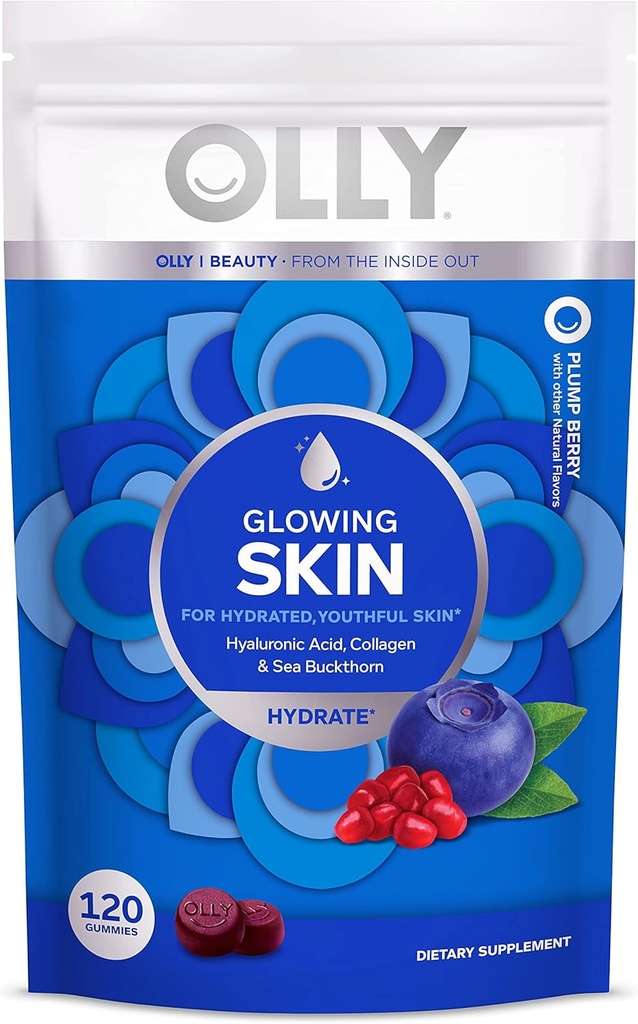 OLLY połyskujący Kolagen skóry Gummy, Hydrated, Młoda Skóra, Kwas hialuronowy, Buckthorn morski, suplement do żucia, Berry, 60 Day Supply - 120 Pouch Count (Opakowanie 6)