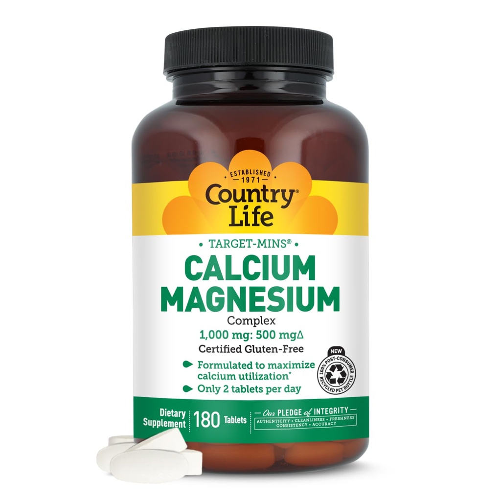 Country Life Target- Mins Wapnia Magnezu Complex 1000mg / 500mg, 180 tabletek, Certified gluten Free, Certified Vegan, Certified Non-GMO Verified