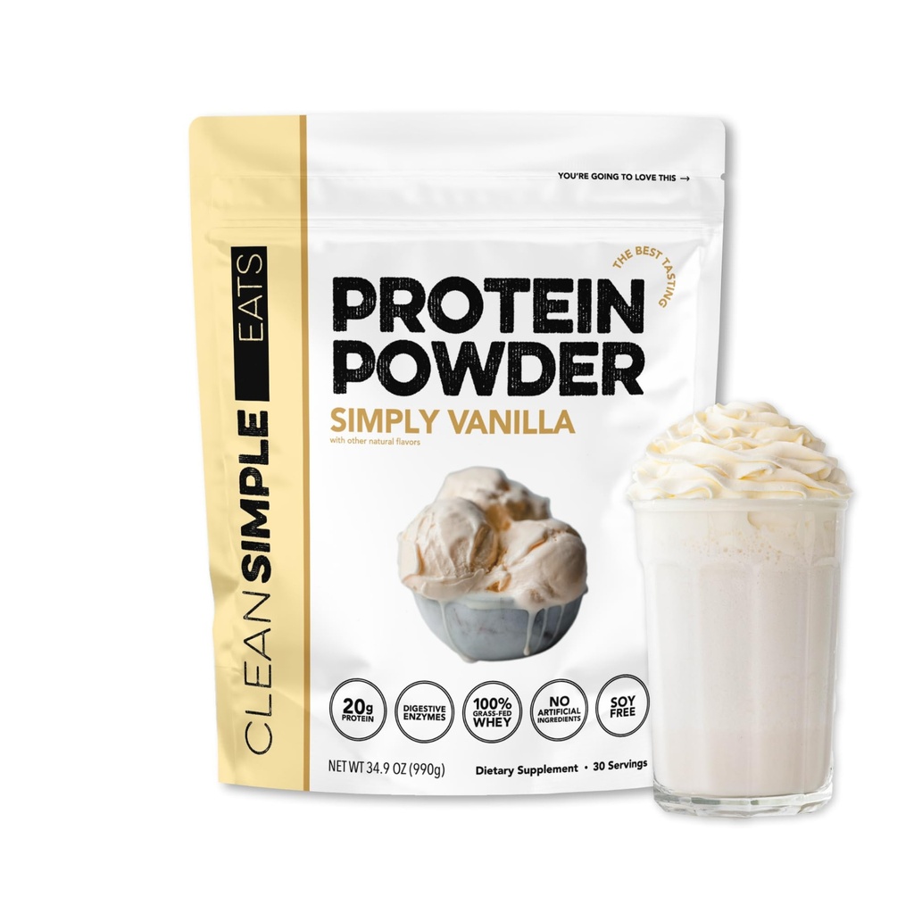 Czysty Prosty Proszek z białka serwatki, Po prostu Vanilla Flavor naturalnie Sweetened, 100% Proszek z białka karmionego trawą z enzymów i bez sztucznych składników, Gluten Free, 30 Sług