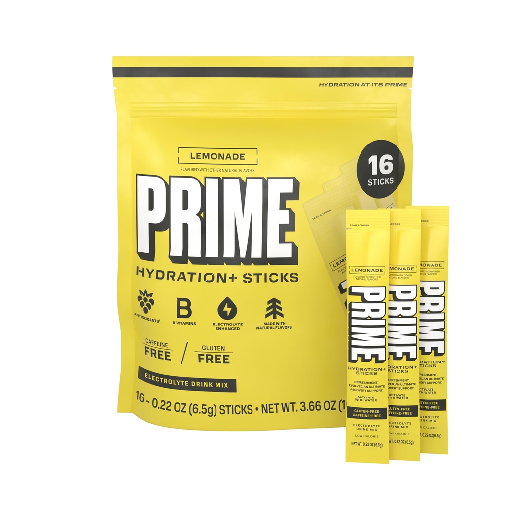 PRIME HYDRATION + Sticks Lemoniada 124; Proszek do nawadniania Pojedynczy Serw Sticks 124; Proszek elektrolitowy On The Go 124; Niski cukier 124; Kawa wolna 124; Wegan 124; 16 Sticks
