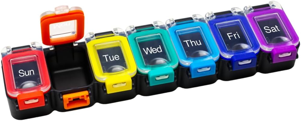 EZY DASE Weekly (7- Day) Codzienne Pill Planner, Medicine Case, Pojemnik Organizator witaminy, wodoodporny Komory blokujące do bezpiecznego leków na receptę i zapobiegania przypadkowe rozlewanie, Rainbow