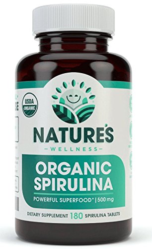 USDA Organic Spirulina Tablets - Non-GMO Green Superfood Supplement: 3000mg Fresh Blue Green Algae, Vegan, Gluten Free, Sustainable Dorosłe, Pesticides Free i Non-Napromieniowane, 500mg na tabletkę, 180"