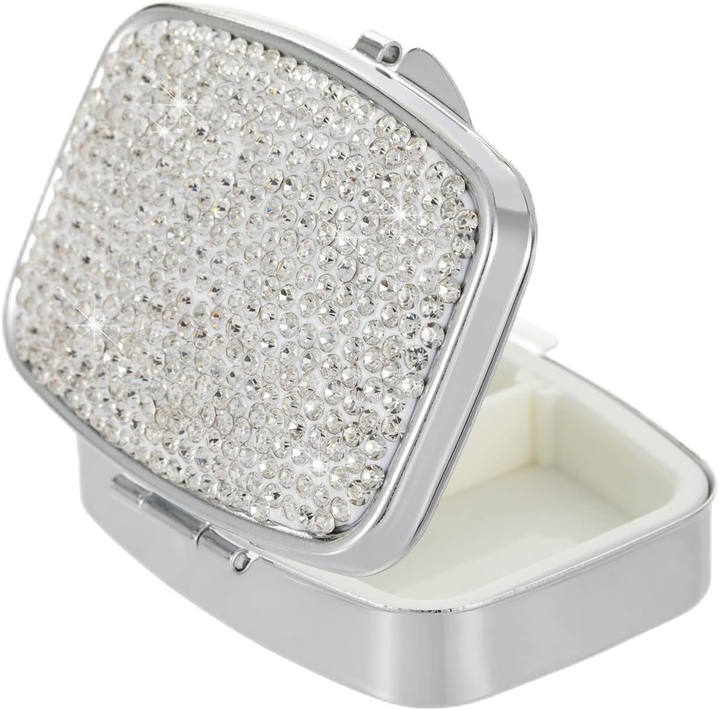 Pocket Pharmacy Bling 2 Communation Medicine Organizer Small Cute Pill Container Travel Pill Box Case for Purse Square Witamina Holder for Pocket (Silver)