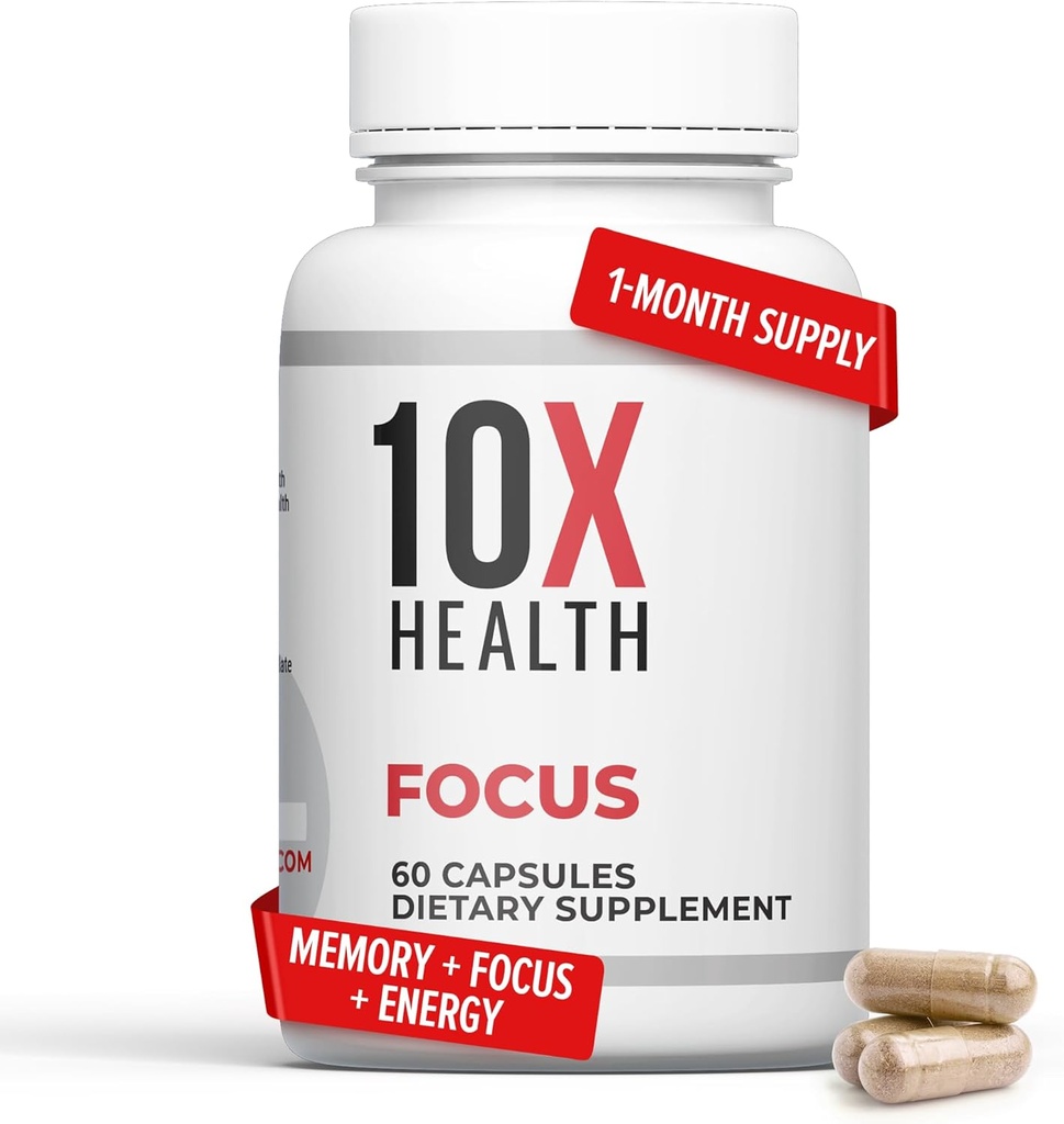 10X Health Focus Rhodiola Rosea - Suplementy Brain for Memory and Focus - 60 Kapsułek Focus Supplement, Suplement Pamięci dla Zdrowia Mózgu z Ginkgo Biloba, Huperzine A - Ginkgo Biloba kapsułki