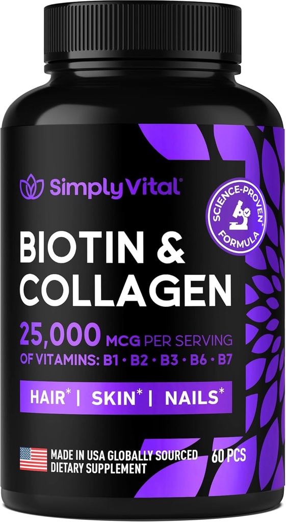 Biotin i Kolagen Suplementy z Keratin 25000 µg - Włosy skóry i paznokci Witaminy z Collagen Keratin B Complex - Made in USA - Biotin for Hair Growth Women & Men Wsparcie skóry i paznokci, 60 Kapsułki