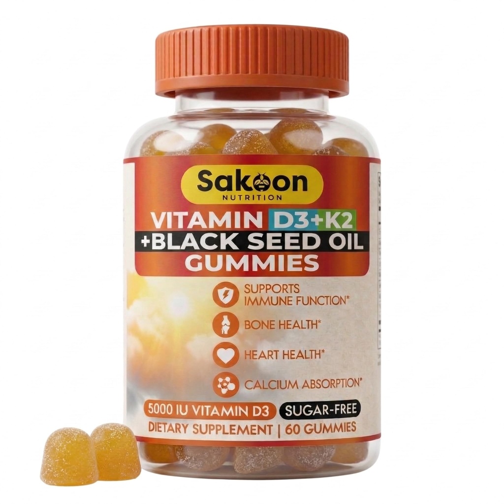 Żywienie Sakoon 5000 j.m. Witamina D3 K2 Suplement witaminy z olejem z czarnego nasion dla kości, zębów, mięśni i wsparcia immunologicznego, Non-GMO i gluten Free, 60 Gumy Chewables