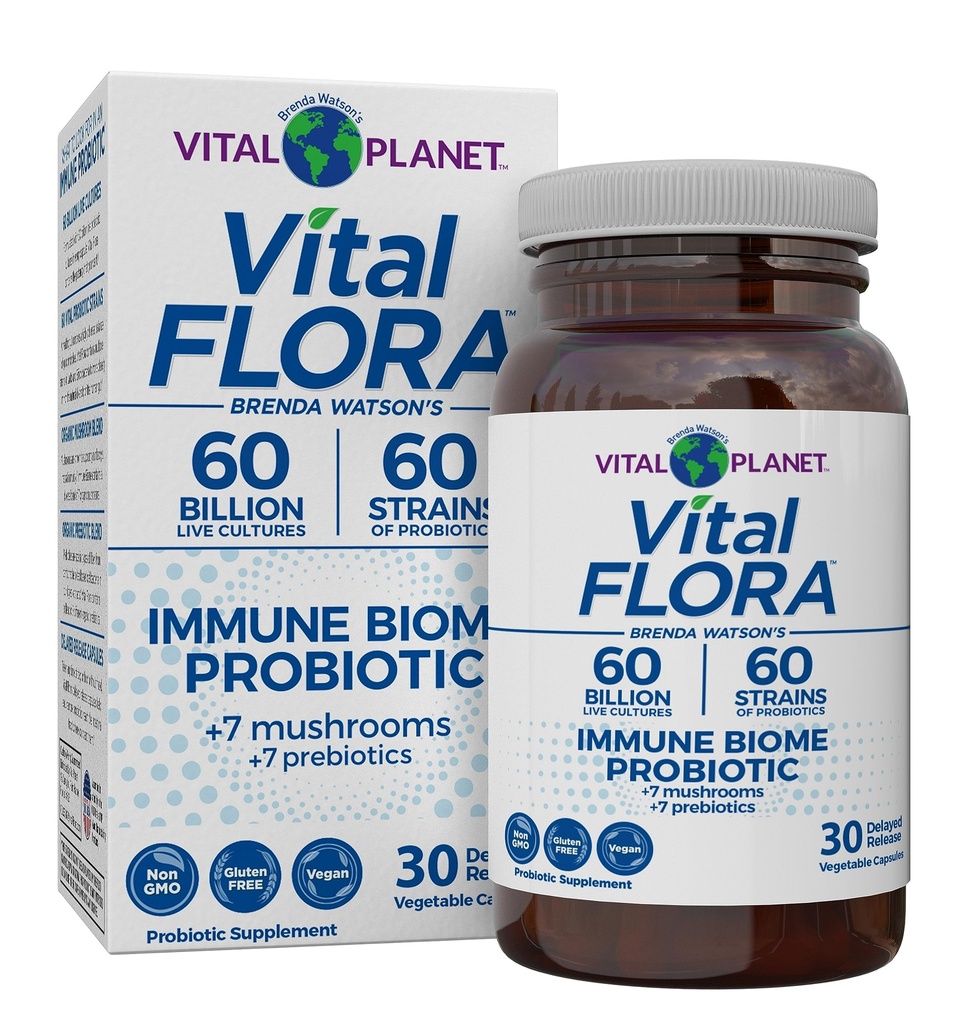 Vital Planet - Vital Flora Immune Support Probiotic, 60 Miliard CFU, Diverse Strains, Organic Mushroom Supplement Mieszanka z prebiotyki, Probiotyki zdrowia dla kobiet i mężczyzn 30 Kapsułki