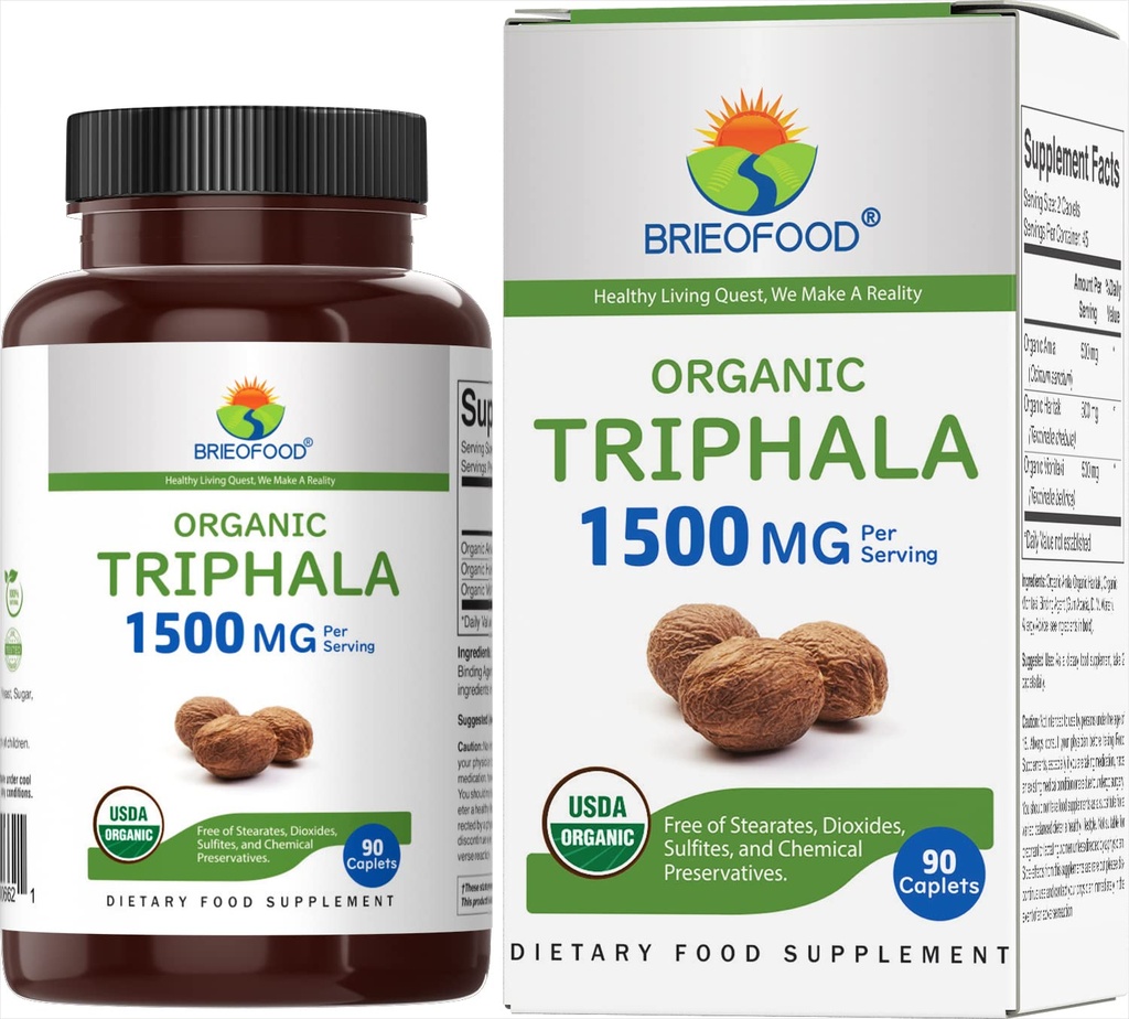 Brieofood Organic Triphala 1500mg, 45 Służenia, Wegetarianin, Gluten Free, 90 Tabletki wegetariańskie