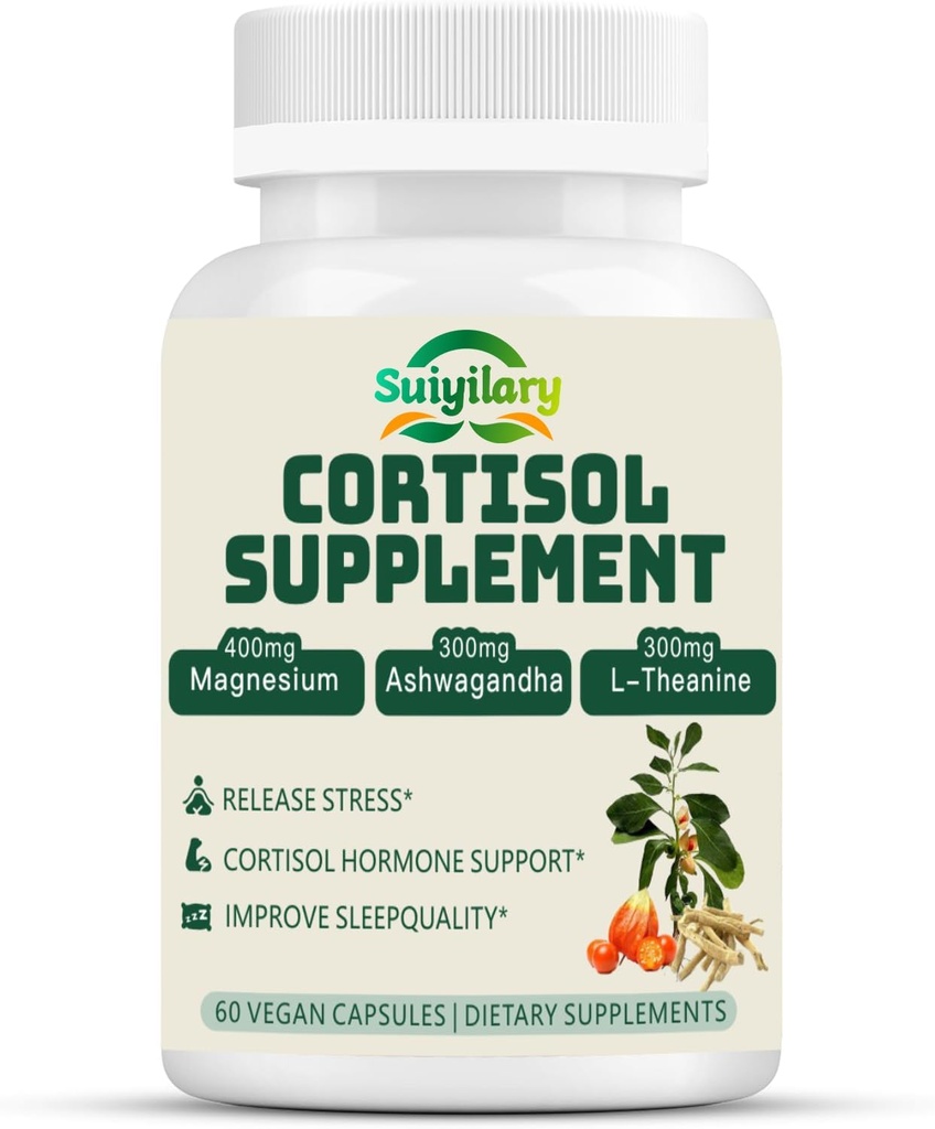 Cortisol Supplement for Women Men, Hormone Balance, Magnesium, Ashwagandha, Rhodiola, L-Theanine, Vitamin B6 & B12, Mood, Focus, Sleep Support, Vegan 60 Capsules
