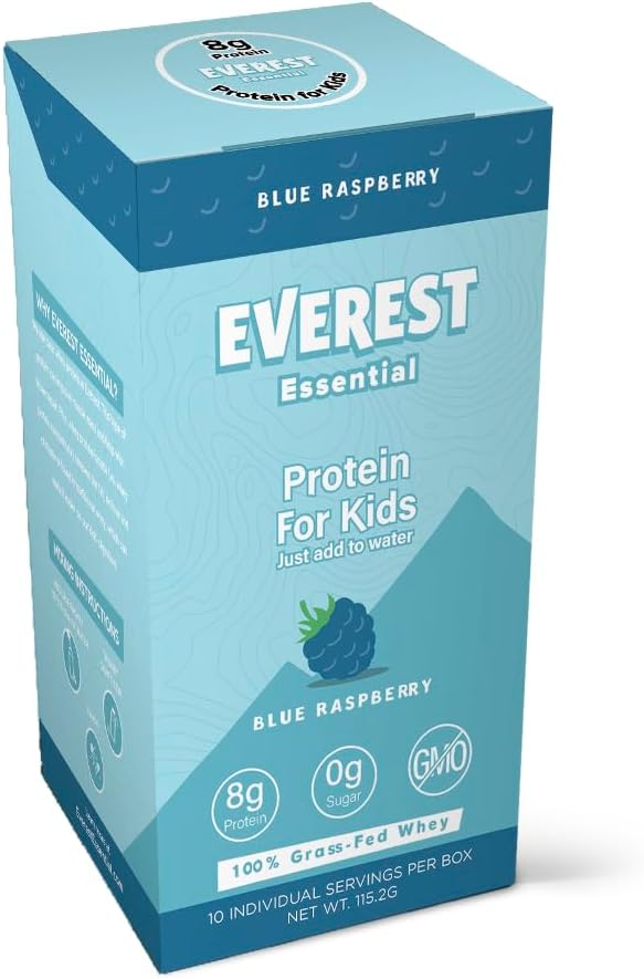 Everest Essential, Proszek z białka serwatkowego (Blue Malina, 10 Pakiety) Napoje białkowe dla dzieci, Elektrolity dla dzieci, 8g białka na porcję, Nie GMO, Bez dodatku cukru