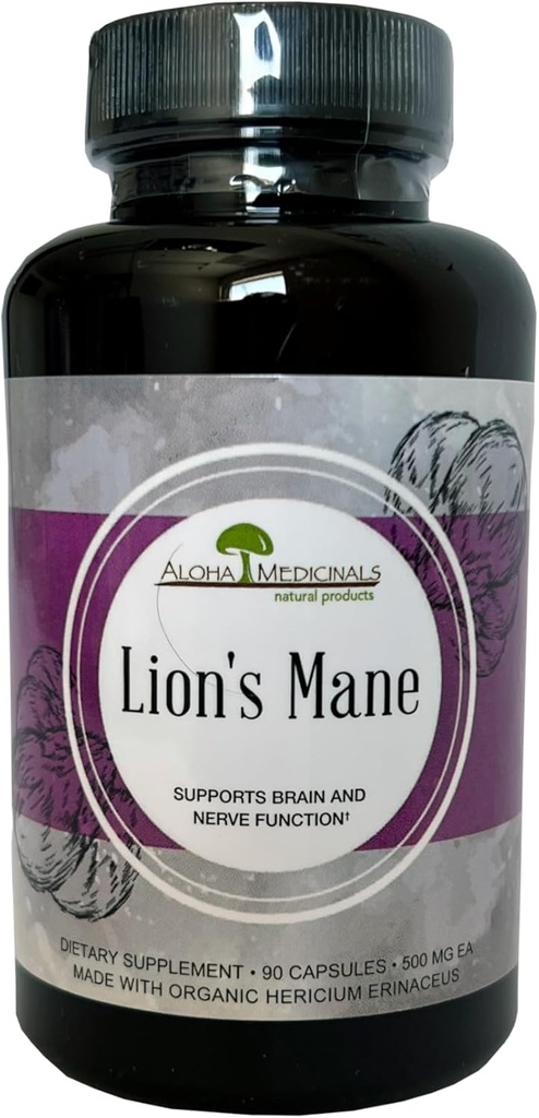 Aloha Medicinals Lwie 's Mane, Certified Organic Mushroom Supplement, Wspomaga pamięć i koncentrację, Opakowanie 1, 90 Kapsułki Każdy