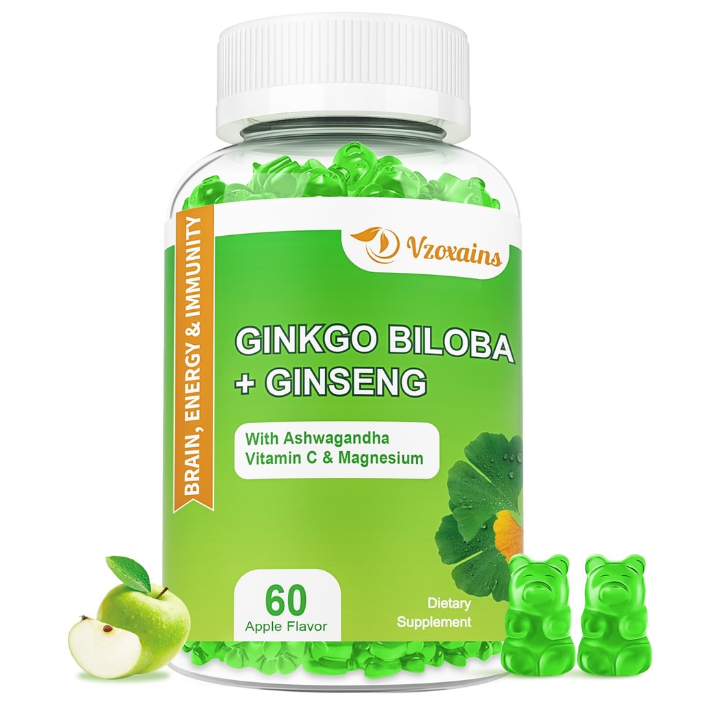 240MG Ginkgo Biloba Gummies z Ginseng i Magnezu, Ginko Biloba Suplementy Gummies dla Mózgu Focus, nastrojów i pamięci dla dorosłych, 60 Cts