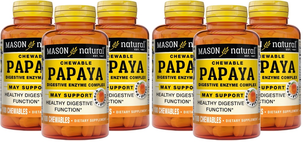 MASON NATURAL Papaya Digestive Enzyme Complex - Healthy Digestive Function, Promotes Nutricent Absorption, Peach Flavor, 100 Chewables (Opakowanie po 6)
