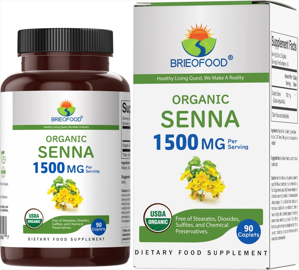 Brieofood Organic Senna 1500mg, 45 Służenia, Wegetarianin, Gluten Free, 90 Tabletki wegetariańskie