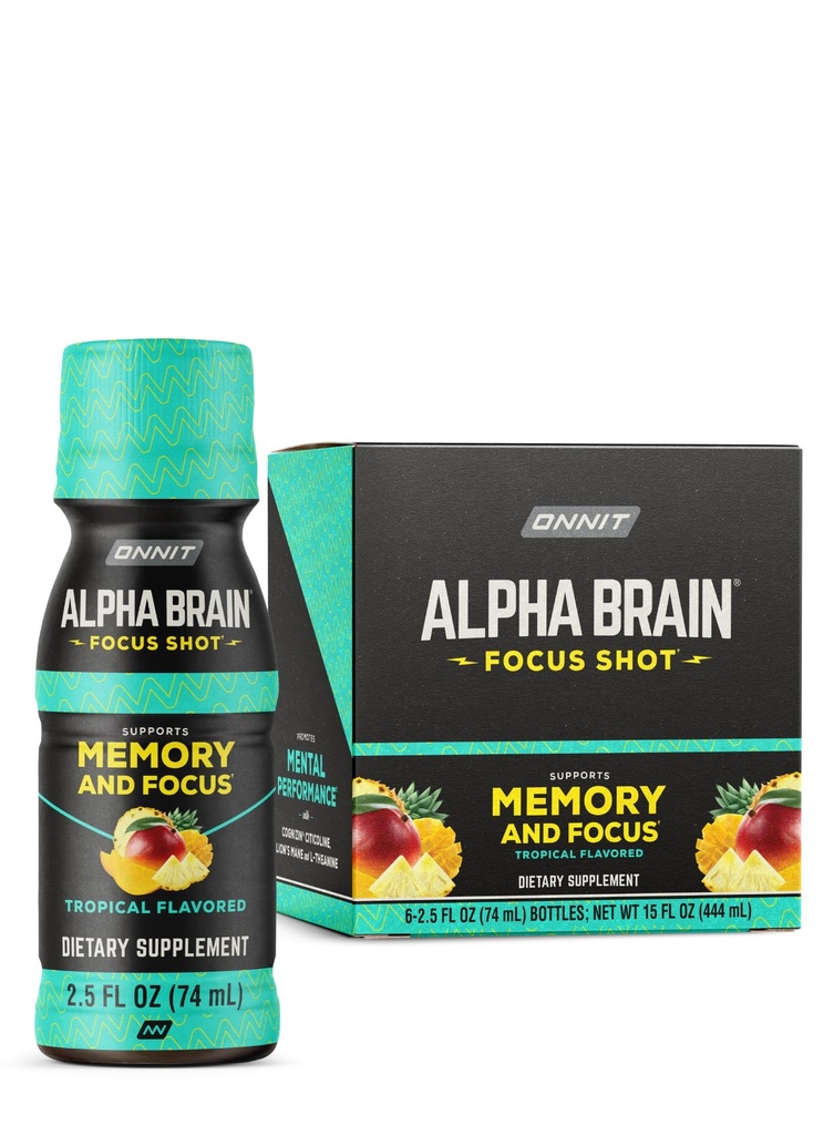 ONNIT Alpha Brain Focus Shot, Tropical Flavor, Nootropowy suplement diety Drink, który wspiera energię, Focus i nastroje, IGEN ™ Non-GMO Tested, 2.5 fl oz, 6 Count