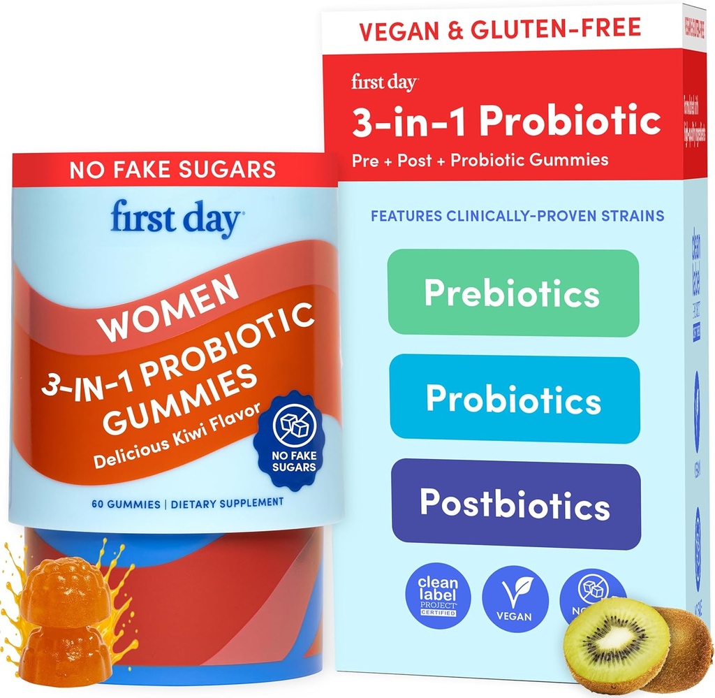 Pierwszy dzień Kobiety 3- in-1 Probiotyczne Gummie - Prebiotyczne + Probiotyczne + Suplement Postbiotyczny - Wsparcie Digestive & Oral Health, Immune Function & Energy Levels - 30- Day Supply