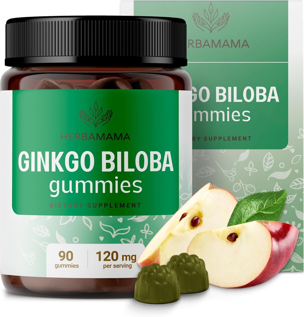 HERBAMAMA Ginkgo Biloba Gummies - 120mg Ginkgo Biloba Herb for Brain Support - Vegan, Non-GMO Brain Focus & Clarity Supplement - 90 Pectin- Based Apple- Flavored Chews