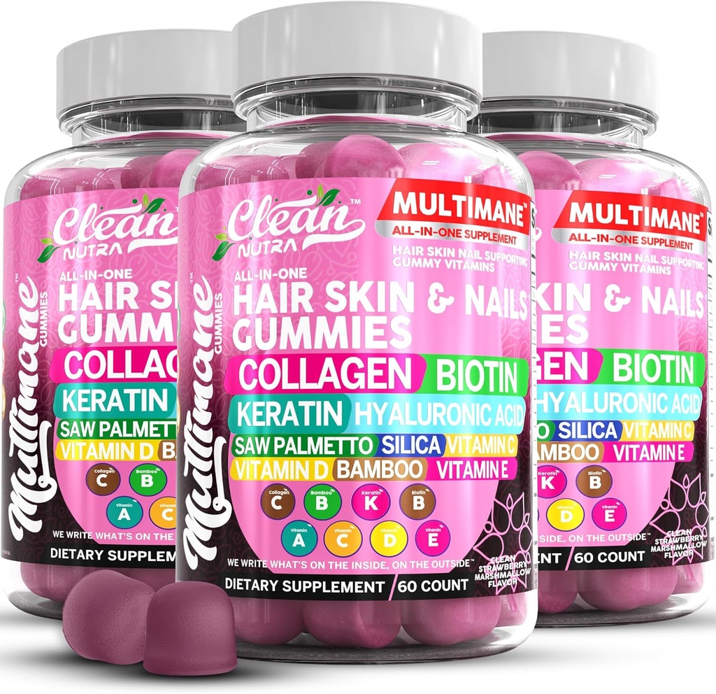 Multimane Kolagen Gummies z Biotin Keratin Hyaluronic Acid Bamboo Witamina A C Witamina D Witamina E Folate Saw Palmetto Silica B3 Witaminy Włosy Skóra i Nails Gummies przez Clean Nutra