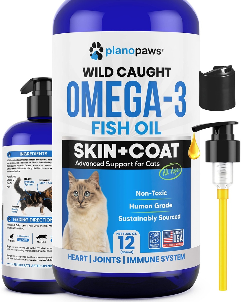 Omega 3 Olej rybny dla kotów - Lepsze niż olej z łososia - Kitten & Cat witaminy i suplementy - Leczenie kotem łupieżu - Liquid Fish Oil for Pets - Wyrzucanie wsparcia - Cat Health Supplies for All Ages