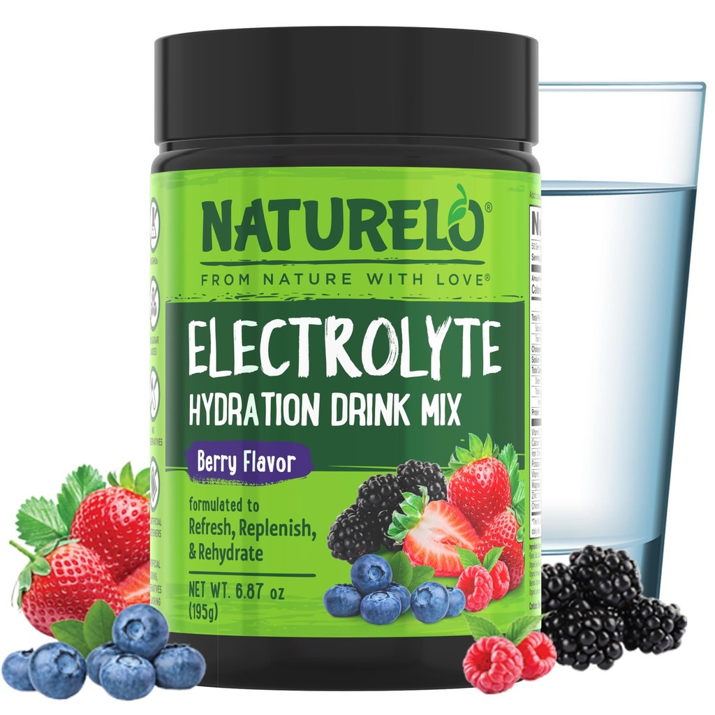 NATURELO Electrolyte Proszek, Nawodnienie i Napoje mineralne Mix, Cukier wolny i nie-GMO Berry Flavor 50 Służenie