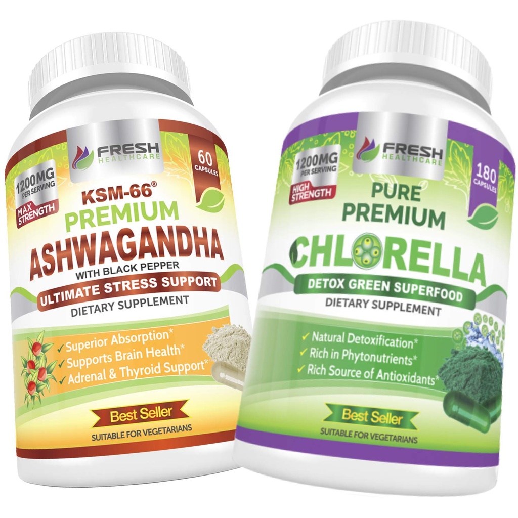 ŚWIEŻE ZDROWIE Ashwagandha KSM 66 i Chlorella Detox Superfood - Bundle