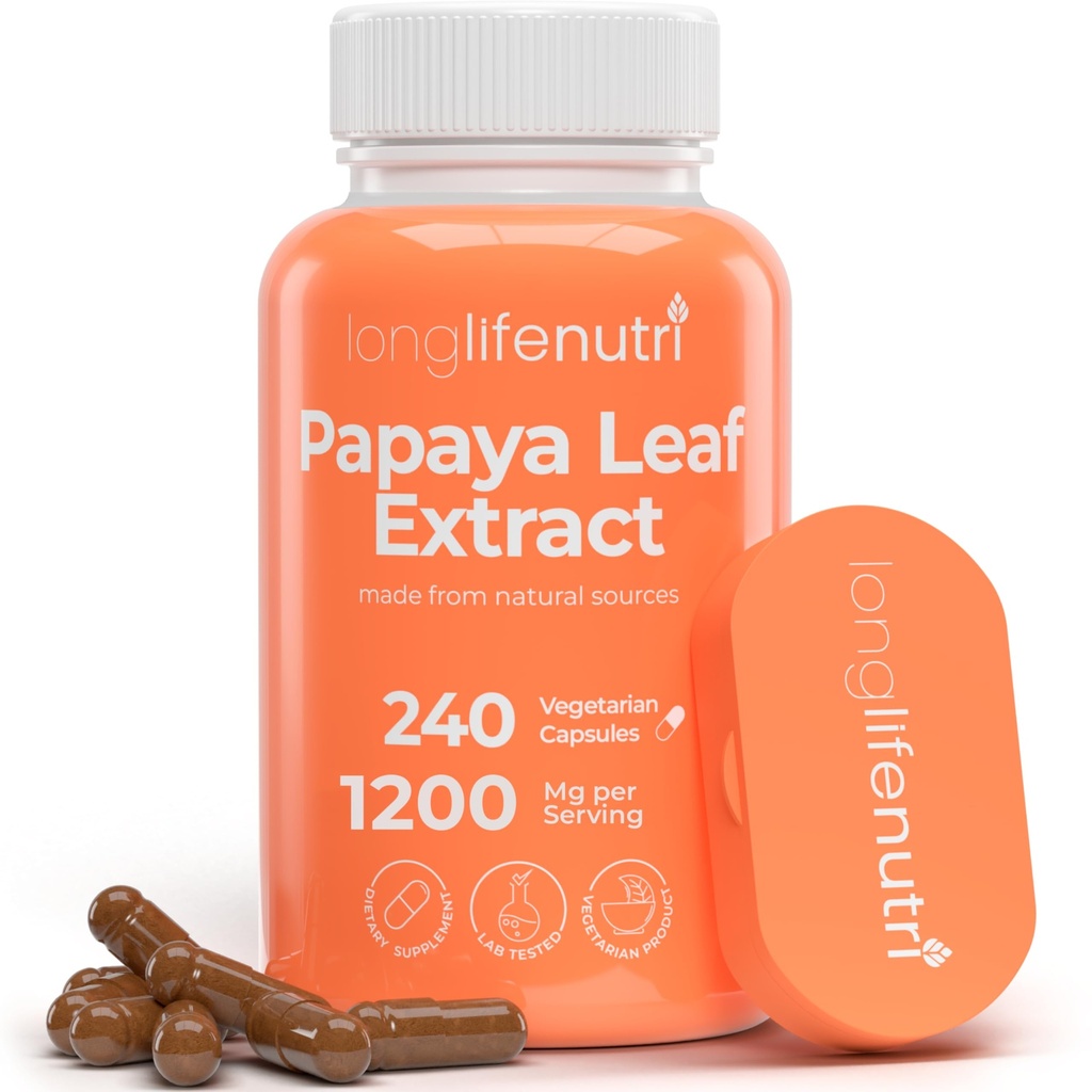 LongLifeNutri Papaya Leaf Extract Supplement 1,200mg per Serving - 240 Kapsułki wegetariańskie, 4-Miesiące dostaw, z Carica Papaya dla Daily Wellness, GMP Certified, Made in USA