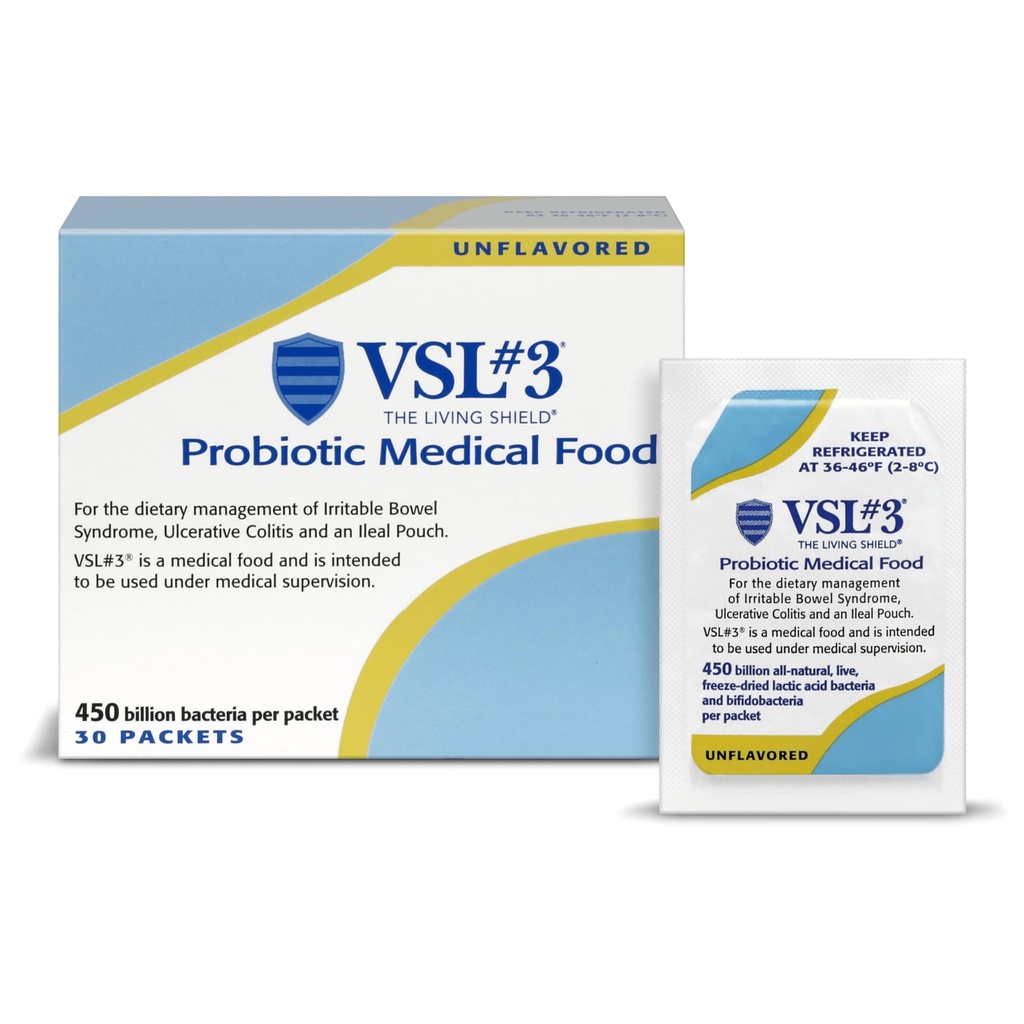VSL # 3 ® Probiotyczny proszek dla zdrowia trawiennego, IBS i objawy UC - 450B CFU, High-Potency, Multi- Strain, Live, Lodówka Probiotic, Medical Food for Gut Health Support in Men & Women, 30 Pack